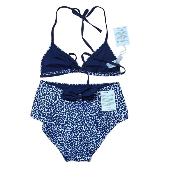 NWT Lemlem Navy Blue Leopard Halima Triangle String Top & High Waist Bottom - Picture 4 of 5